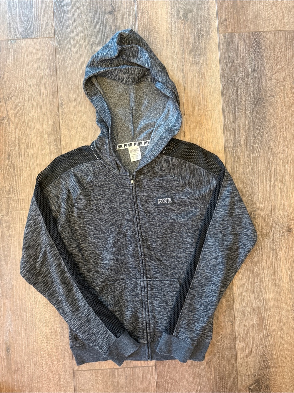 PINK Victoria's Secret Heather Gray & Black Hooded Zip Jacket w/silver sequins